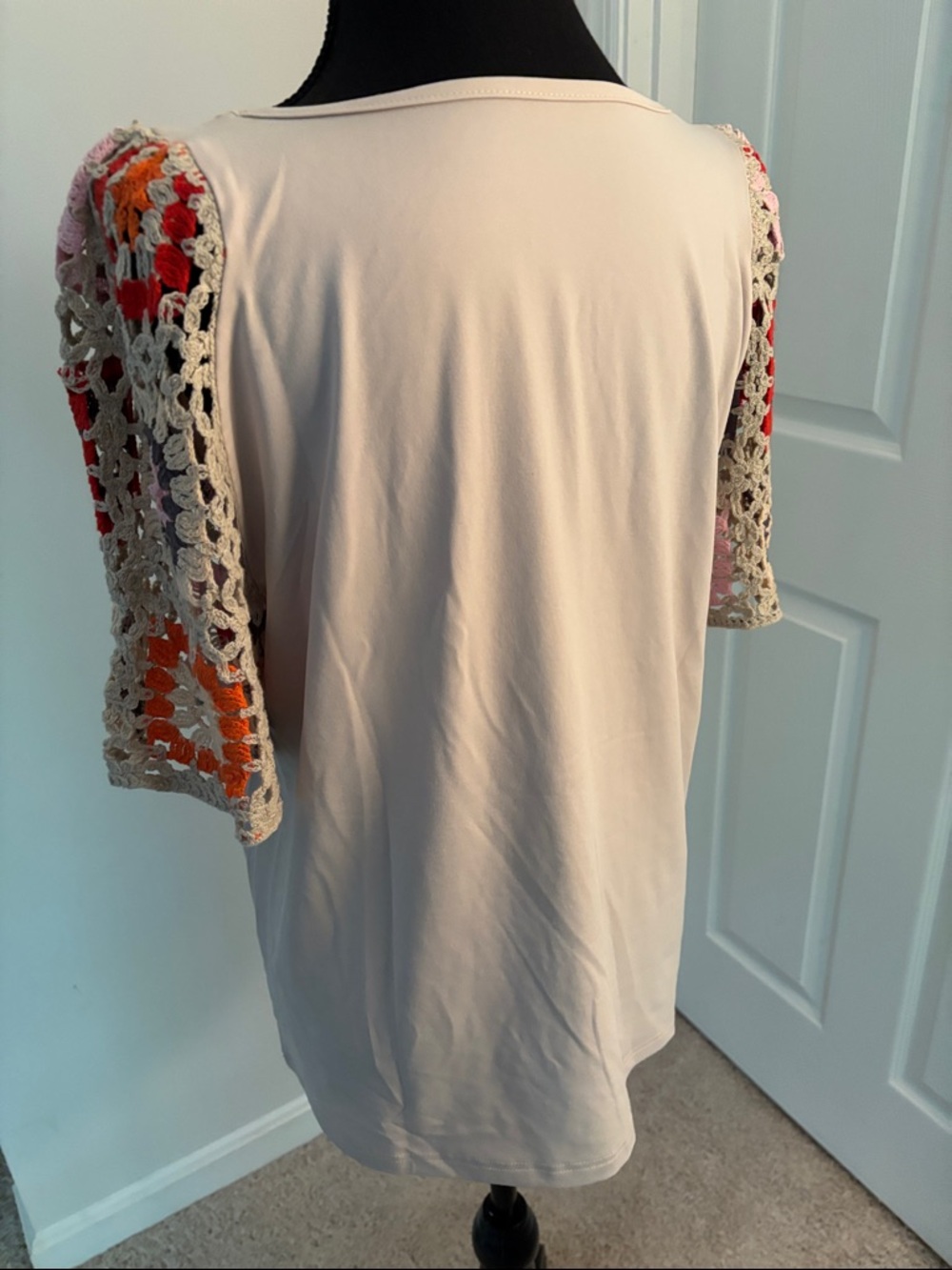 Relaxed Cream colored Women's Top with Multicolor Crochet Sleeves - Picture 6 of 6